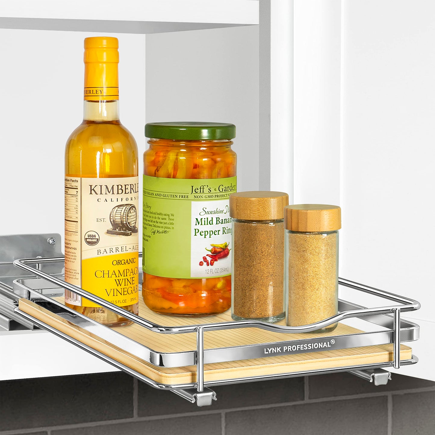 LYNK PROFESSIONAL® Pull Out Spice Rack Organizer for Inside Kitchen Cabinets - 4-1/4 inch Wide - Slide Out Drawer – Chrome Sliding Spice Cabinet Organization Shelf Racks - 2 Tier