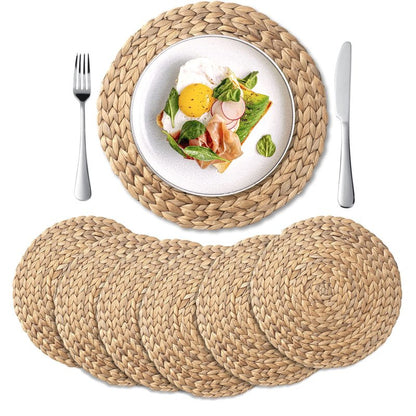 6 Pack, Round Woven Placemats, Natural Water Hyacinth Wicker Place mats, Braided Straw Table Mats, Charger Plates for Dining Table, Fall, Thanksgiving, Christmas (13.8 inch)