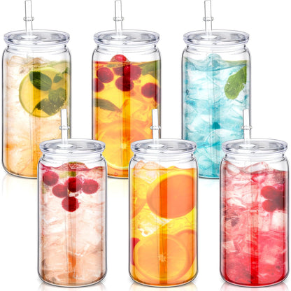 Blushtier 6 Pack 16 oz Plastic Cups Mason Jar Coffee Cup with Lid Clear Tumblers with Lid and Straw Round Bottom Plastic Cups for Iced Coffee Juice Reusable Milk Beverage Party (Clear)