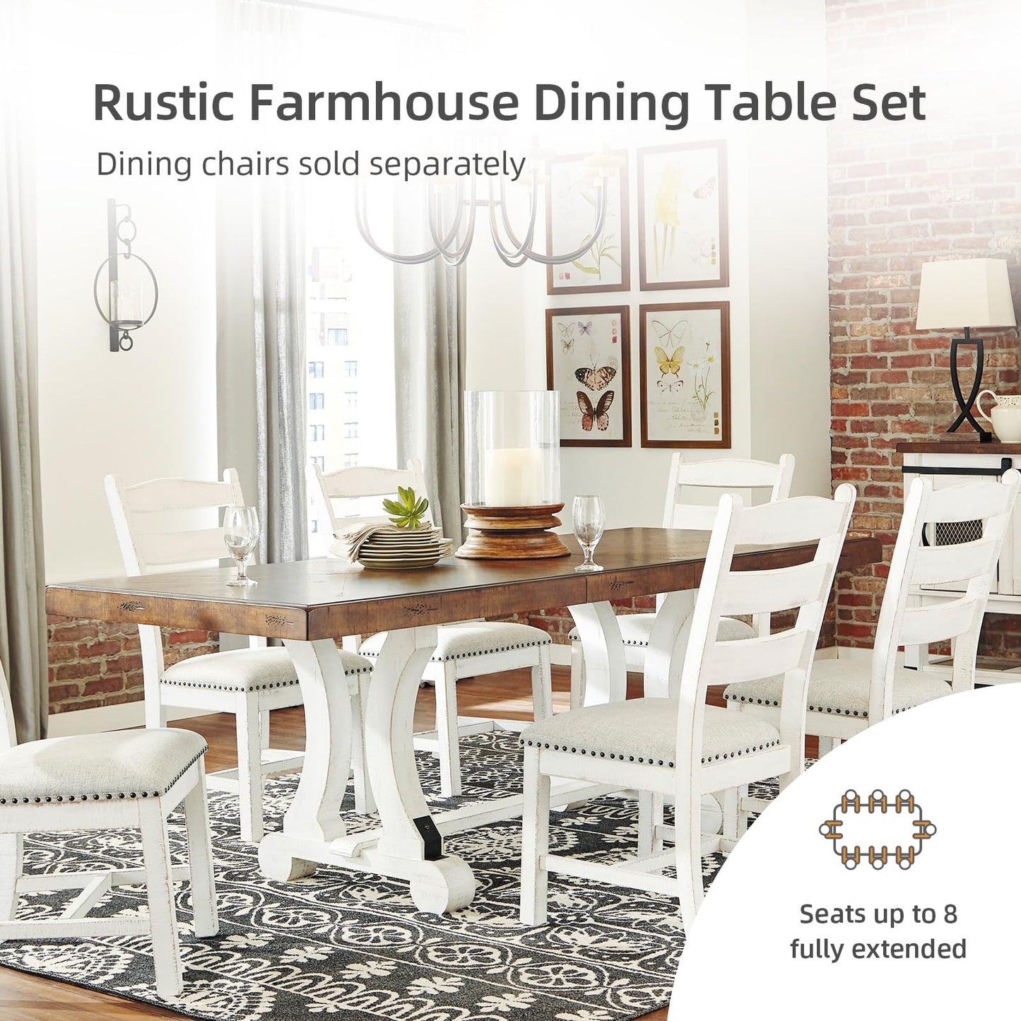 Signature Design by Ashley Valebeck Farmhouse Rectangular Extension Dining Table, Fits up to 8, White & Brown