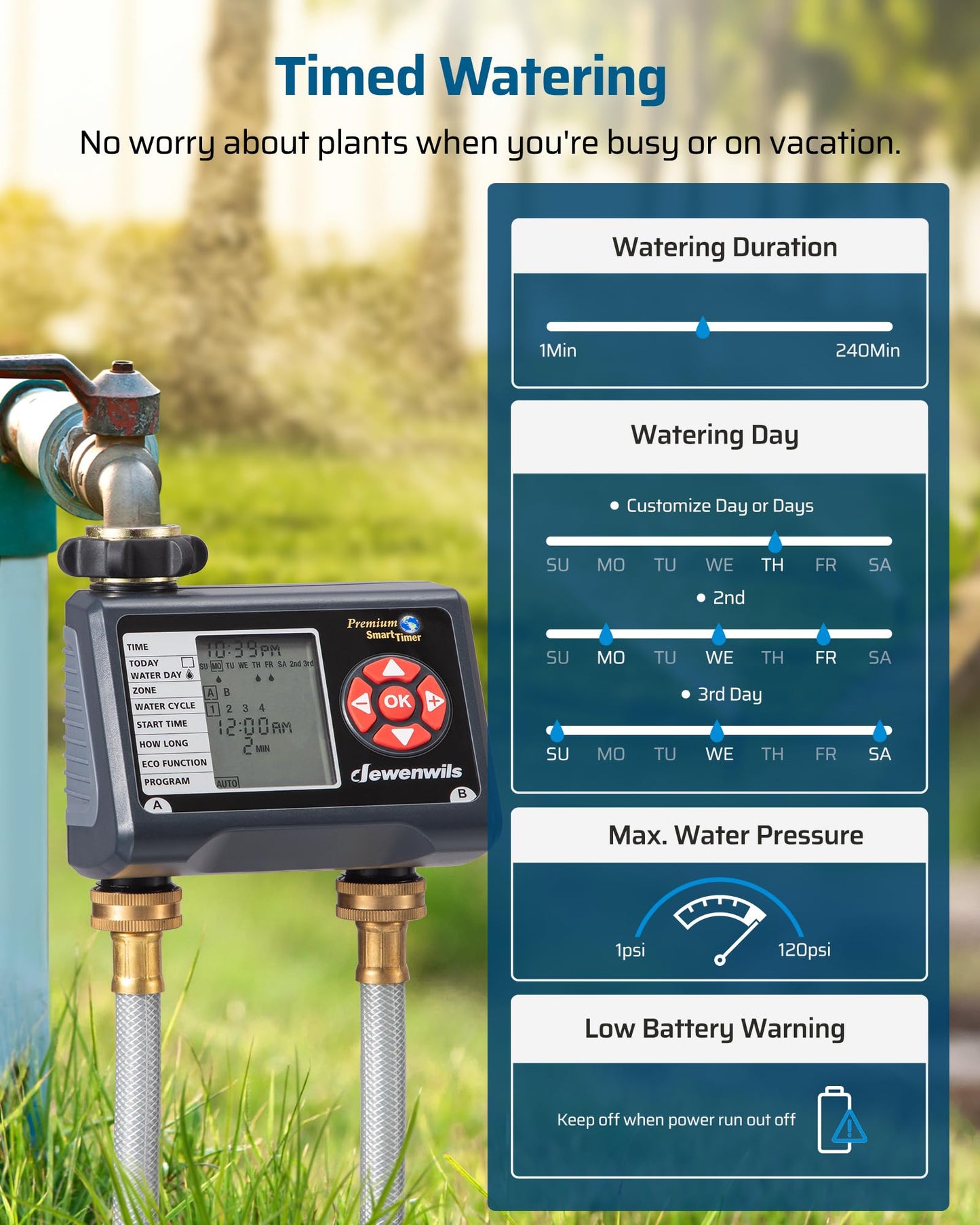 DEWENWILS Sprinkler Timer 2 Zone, Water Timer for Garden Hose, Programmable Hose Timer Faucet Watering with Automatic/Rain Delay/Manual Mode, Outdoor Irrigation Controller for Lawn, Yard