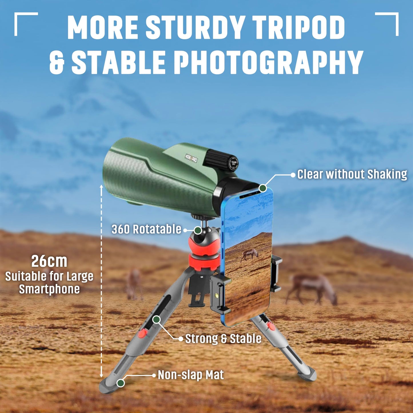 Monocular Telescope - 12x56 High Powered, Compact, Dust-Proof, Waterproof, Handheld Scope with Smartphone Adapter and Metal Tripod - Ideal for Hunting, Stargazing, Birdwatching, and Outdoor Adventures