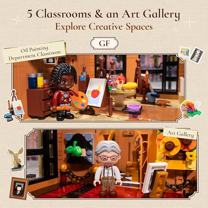 PANTASY Art School Building Set with Lights European Style Modular Street Architecture 3-Level Detailed Interior LED Lighting System Collectible Display Building for Adults