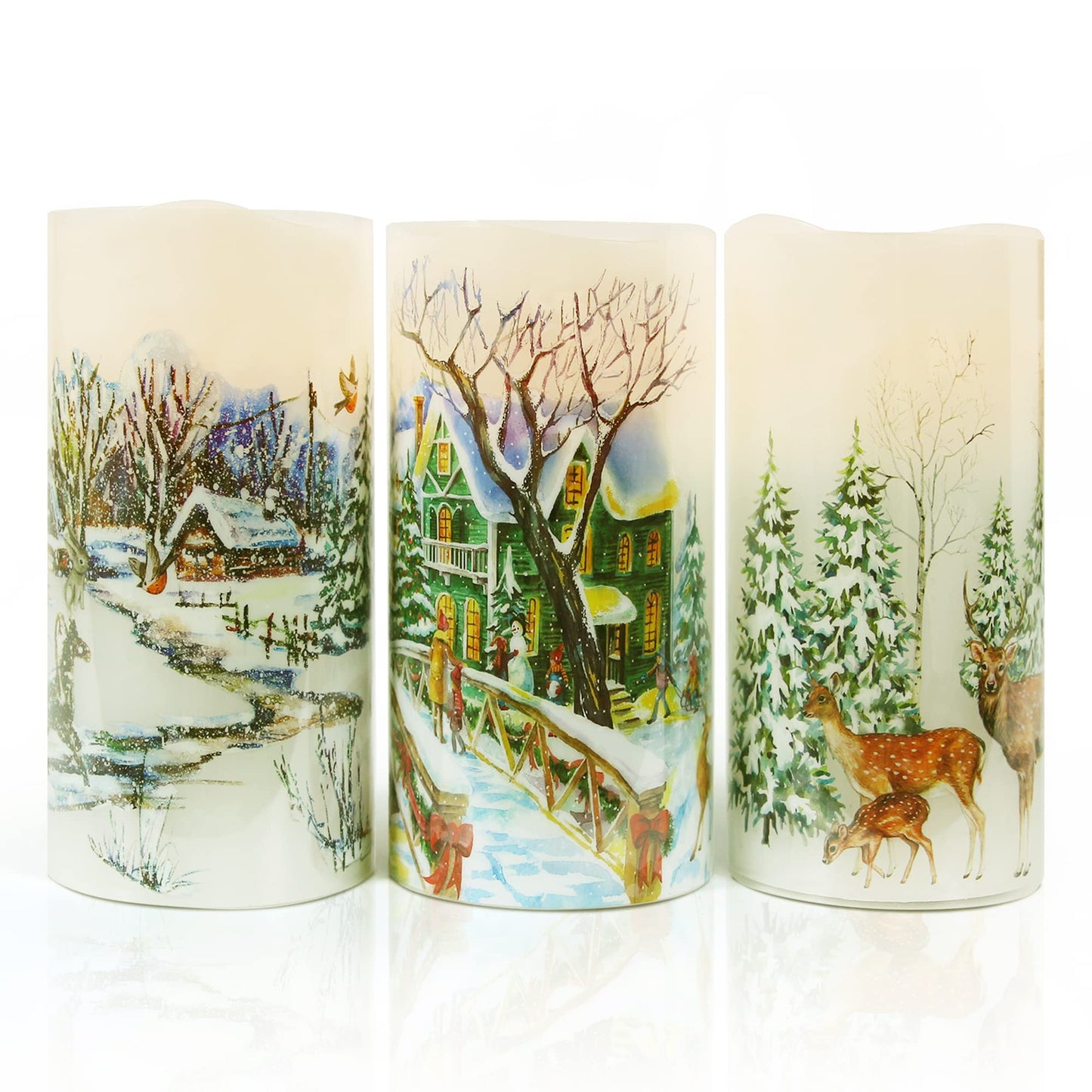 Darnassus Christmas Flameless Candles Real Wax LED Candles Decor Battery Operated with Timer and Green Christmas Tree Decal,Set of 3,Warm Light