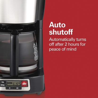 Hamilton Beach 5 Cup Drip Coffee Maker with Easy FrontFill Basket, Compact Design, Programmable Clock, Glass Carafe, Auto Pause and Pour, Black & Stainless Steel (46111)