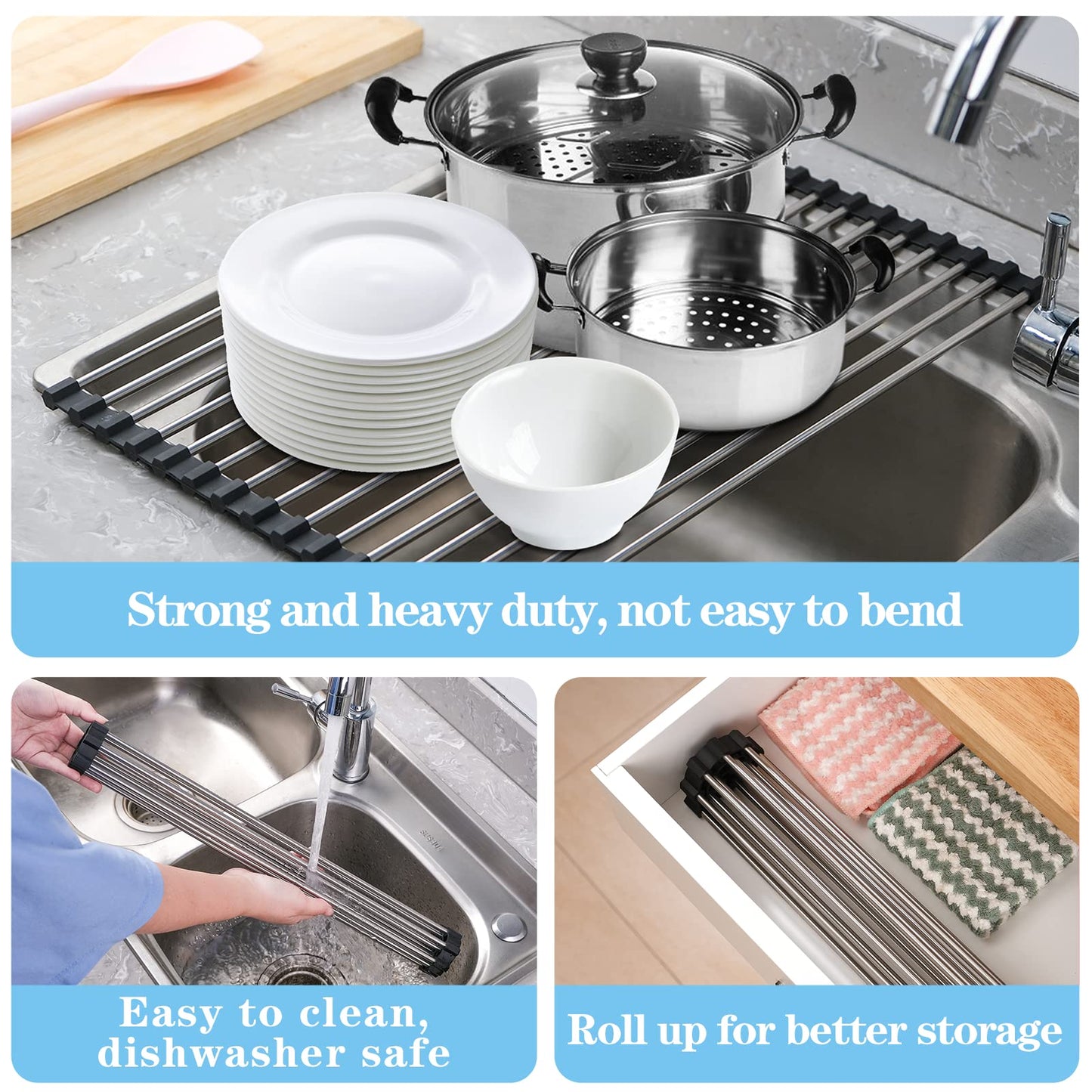 Seropy Roll Up Dish Drying Rack Over The Sink Drying Rack for Kitchen Counter, Rolling Dish Rack Over Sink Mat, Foldable Dish Drainer Stainless Steel Rack Kitchen Organization Gadgets 17.5"x11.8"