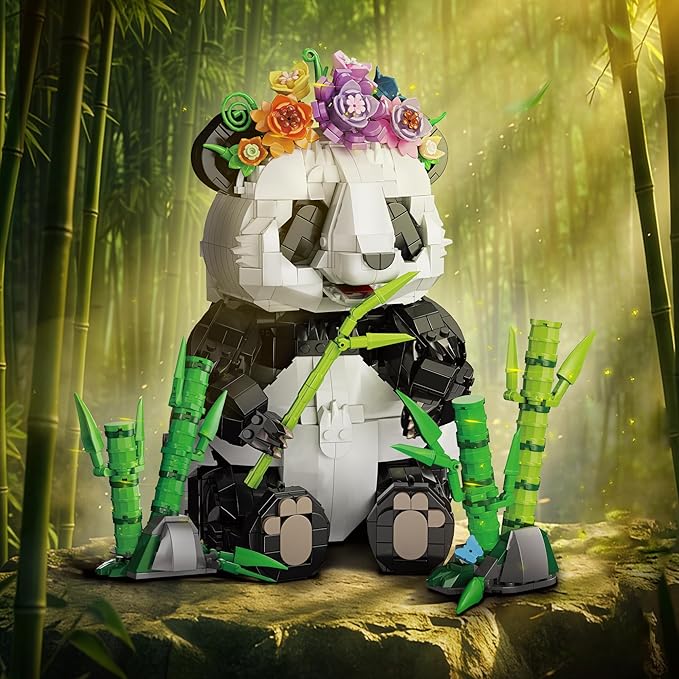 Panda Building Set with Flowers &amp Bamboo for Adults Compatible with Lego Wild Animals Movable Arms and Head Collectible Model Home Decor Gift for Teens Boy Girl