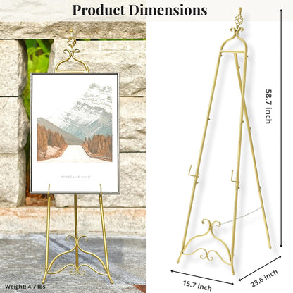 CaliDecor 58.5” H Gold Easel Stand for Sign, Large Adjustable Metal Display Standing for Displaying Pictures Wedding Poster Holder Showcasing with Chain Support