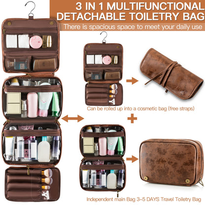 Elviros Hanging Toiletry Bag Removable Travel Bag PU leather Makeup Cosmetic Organizer Kit, Dark Brown