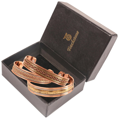 Touchstone copper bracelets | gift for men women |adjustable 100% pure solid real magnetic jewelry | handmade bracelet set combo | rope braided tibetan bangles. Set of 3 different designs