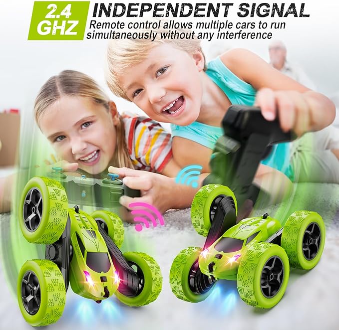 Remote Control Car for Kids Ages 6+ RC Cars Stunt Car Toy 4WD Double Sided 360° Rotating Remote Control with Headlights Birthday Xmas Gifts for Boys 6 7 8 9 10 11 12 Green