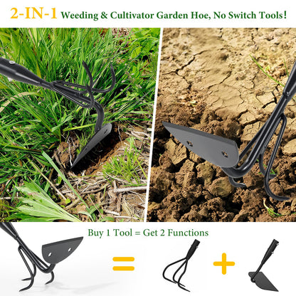 Garden Hoe - Heavy Duty 2 in 1 Hoe Garden Tool with Cultivator Claw Rake,75 Inch Long Handle Hoes for Weeding,Loosening Soil,Hand Weeder Tools for Indoor Outdoor Gardening,Planting,Cultivating,Digging