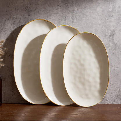 famiware Serving Platter, Oval 15.59/14.3/12.9inch Serving Dishes for Entertaining, Serving Bowls, Microwave Safe, Stoneware Serving Trays for Party, Food, Turkey, Cheese, Ocean Series, Vanilla White