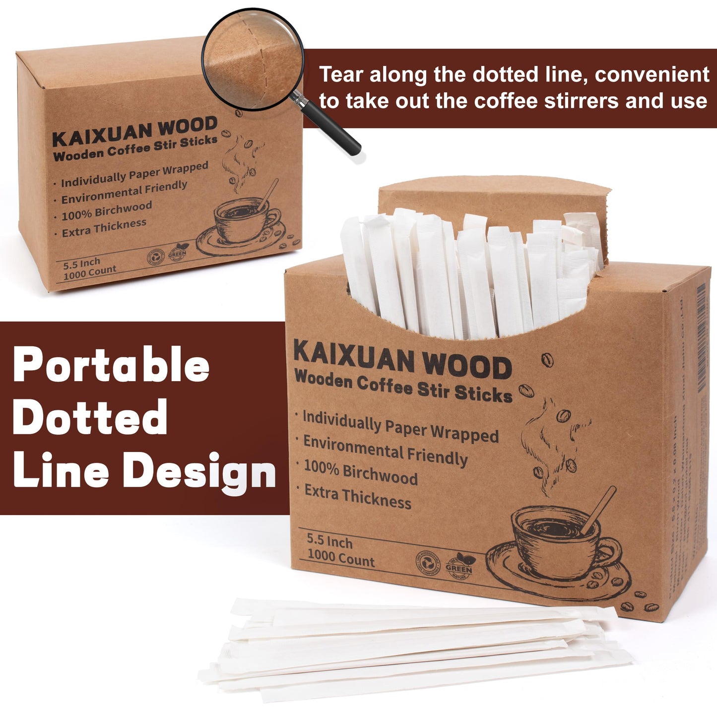 Coffee Stirrers 1000pcs Individually Wrapped Coffee Stirrers Wood - 5.5 Inch Disposable Wooden Stir Sticks for Coffee, Cocktail and Hot Drinks