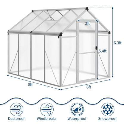 6x8 FT Greenhouse for Outdoors, Polycarbonate Greenhouse with Roof Vent, Ground Nails, Lockable Push Door, Aluminum Large Walk-in Green House for Outside Garden Backyard, Patio, Lawn, Silver