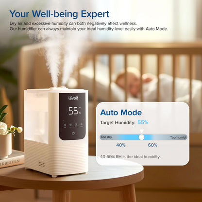 LEVOIT Humidifiers for Bedroom Home, Smart Warm and Cool Mist Air Humidifier for Large Room, Auto Customized Humidity, Fast Symptom Relief, Easy Top Fill, Essential Oil, Quiet, OasisMist4.5L, White