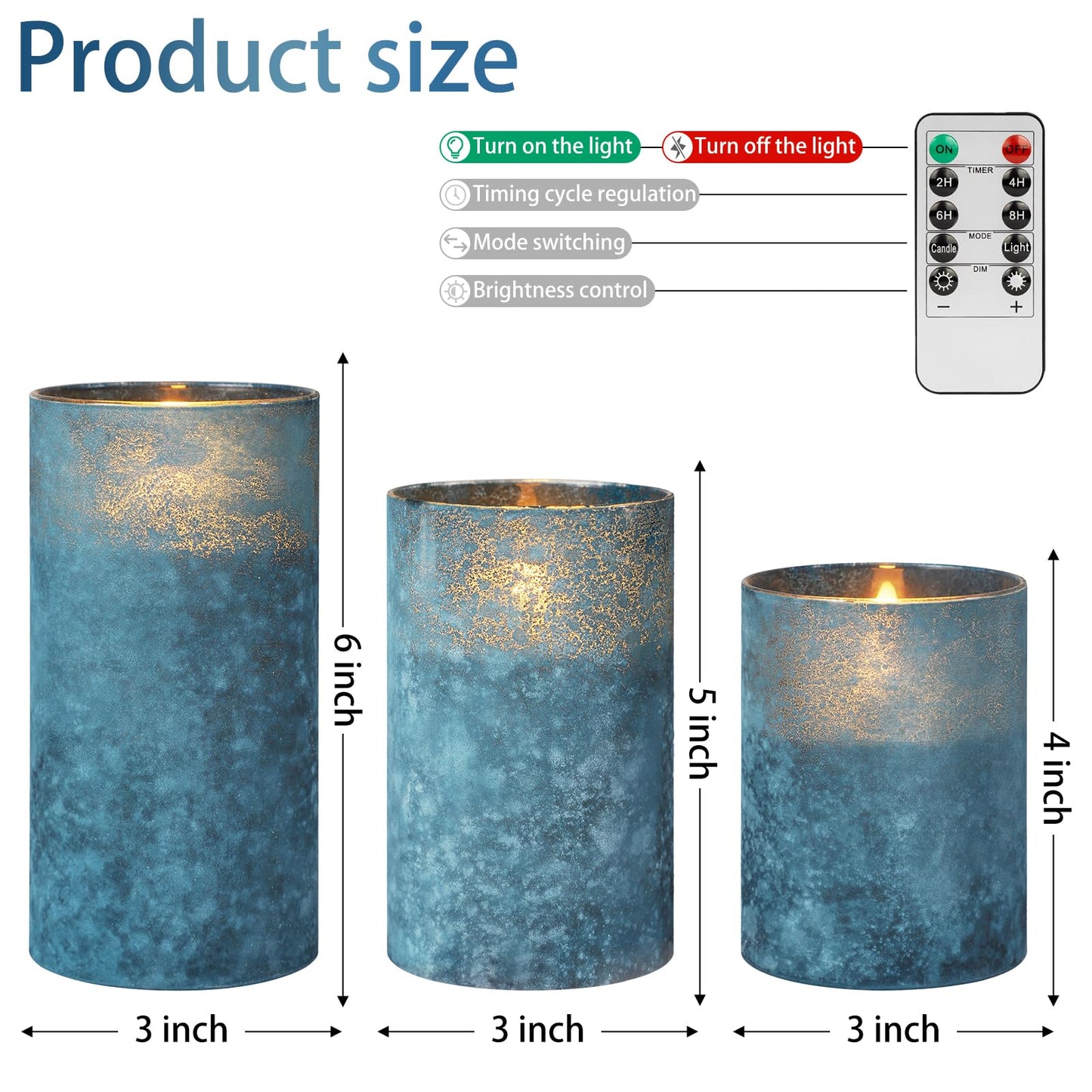 HJANDHJ Blue Flickering Flameless Candles with Remote - Handmade Sandblast Glass Battery Operated LED Pillar Candles for Home/Coastal Theme Wedding Decorations (Set of 3)