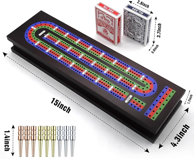 Wooden Cribbage Board Game Set with Metal Pegs and 2 Decks of Playing Cards Travel Cribbage Board with Card Storage Magnetic Lock Classic Continuous 3 Track Cribbage Set for Family