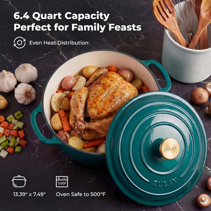 Zulay Kitchen 6.4 Quart Enameled Cast Iron Dutch Oven Pot with Lid Oven Safe up to 500°F. Heavy-Duty Enameled Cast Iron for Sourdough Bread Baking, Stews, Braising & Roasting, Soup Pot with Lid - Emerald