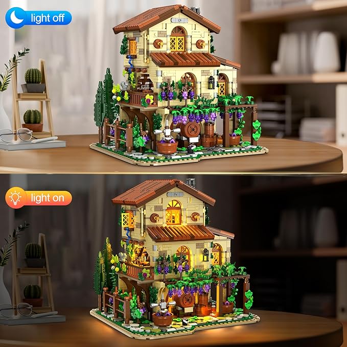 Winery Chateau House Building Set with Lights Vineyard Castle Construction Model Home Decor 1826 PCS Vine Estate Autumn Cabin Building Block Kit Birthday Gift for Adults Teens Boys Girls