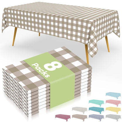 Smiry 8 Packs Gingham Disposable Table Cloth, 54 x 108 Inch Waterproof Plastic Tablecloth, Rectangle Khaki and White Checkered Table Covers for Outdoor, Birthday, Party