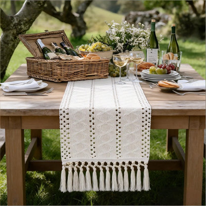 Socomi Boho Table Runner Macrame Long Summer Farmhouse Woven Cotton Linen Rustic Coffee Table Runner with Tassels for Dresser Scarf Home Decor Dining Room 12x108 inch Beige