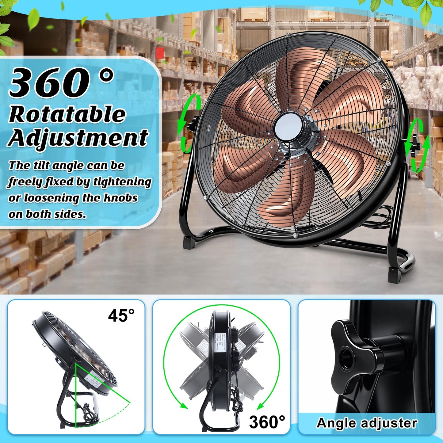 Woanger 20" High Velocity Industrial Floor Fan, 5703 CFM Heavy Duty Drum Fan with 6 Metal Blades, 3-Speed, 360 Degree Rotation, High Airflow Mover for Warehouse, Garage, Factory, Barn & Gym