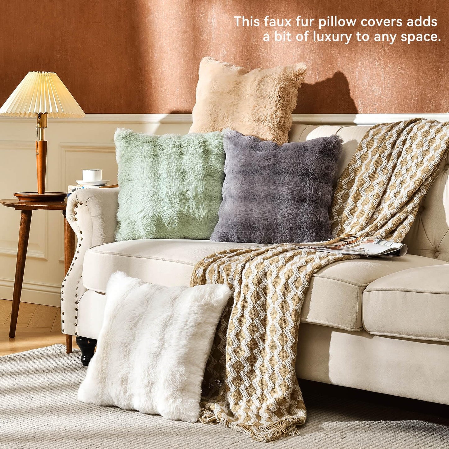 AmHoo Pack of 2 Throw Pillow Covers 3D Dense Faux Rabbit Fur Cozy Super Soft Fuzzy Set Case Cushion for Couch Sofa Bedroom 18 x 18-Inch Cream White