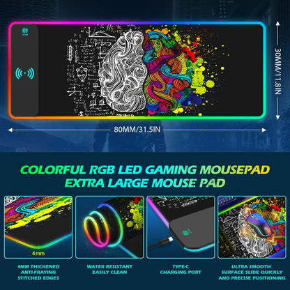 ToLuLu RGB Gaming Wireless Charging Mouse Pad, 5/7.5/10/15W 10 Light Modes LED Mouse Pad Computer Keyboard Mat Mousepad, 800x300x4MM Extended Large Desk Mat for Gaming, MacBook, Laptop, PC, Galaxy