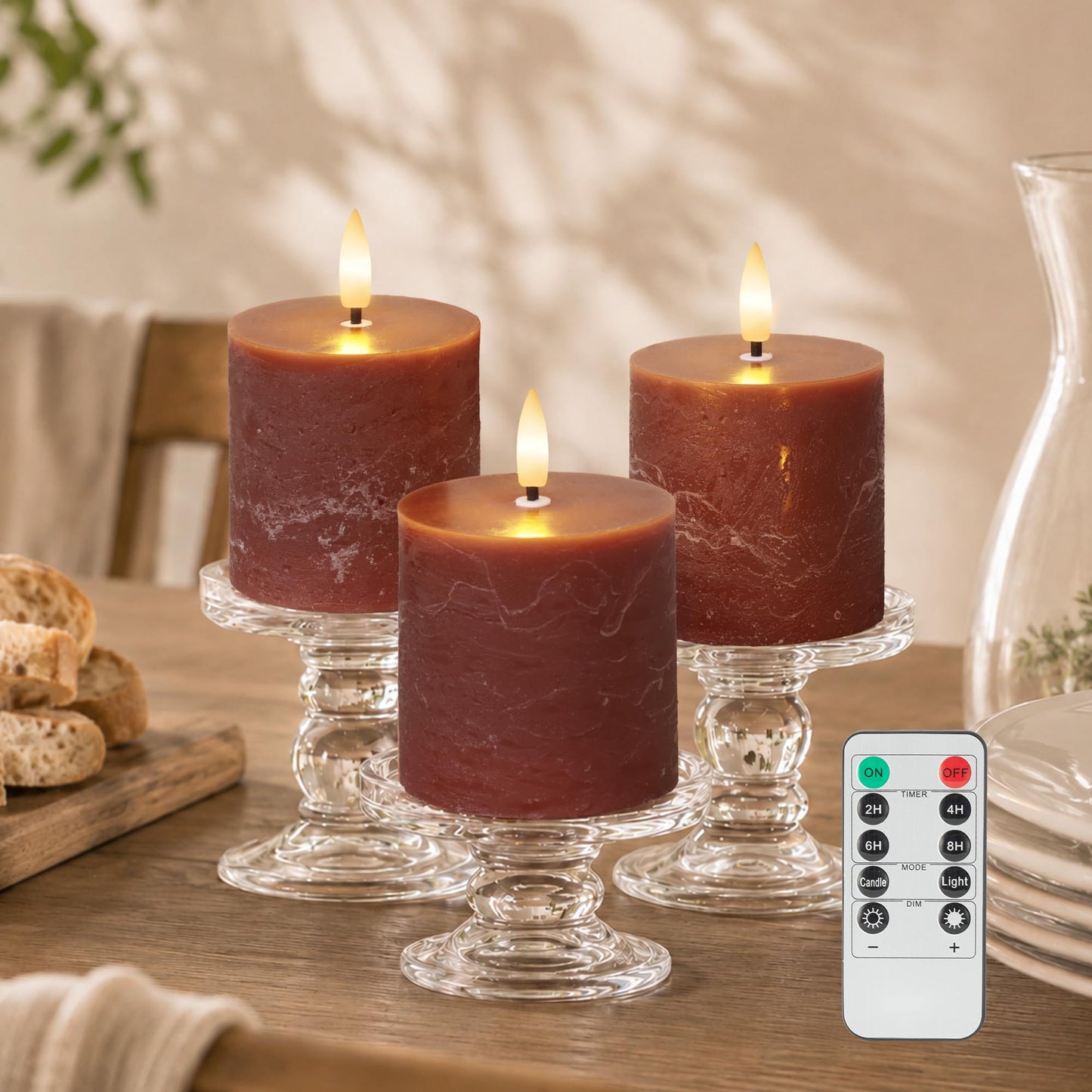 Brown Flameless Pillar Candles with Remote, Real Wax LED Candles Set of 3 (3x3Inch), 3D Flickering Flame, Battery Operated Candles with Timer for Home Decor, Table Centerpiece, Farmhouse Fall Decor