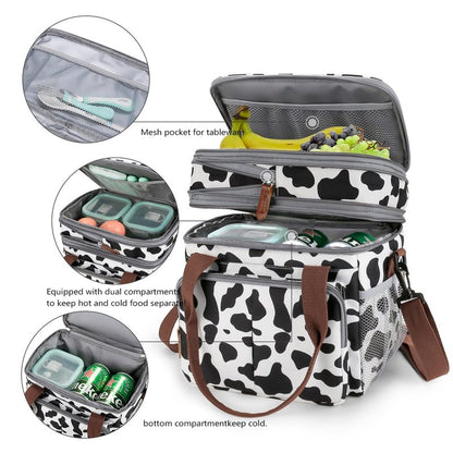 MEYTEILAY Lunch Bag for Women Men Expandable Double Deck Lunch Box Large Lunch Bags Leakproof Insulated Reusable Lunch Cooler Bag（Cow Print）