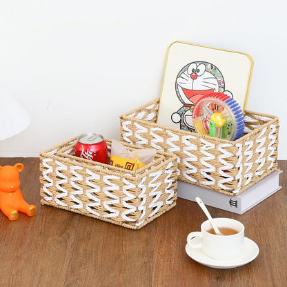 HANMYSTYLE Storage basket Flower weaving storage basket hand-woven organizing Kids room storage snacks sundries toiletries toys set of 3(rectangle)