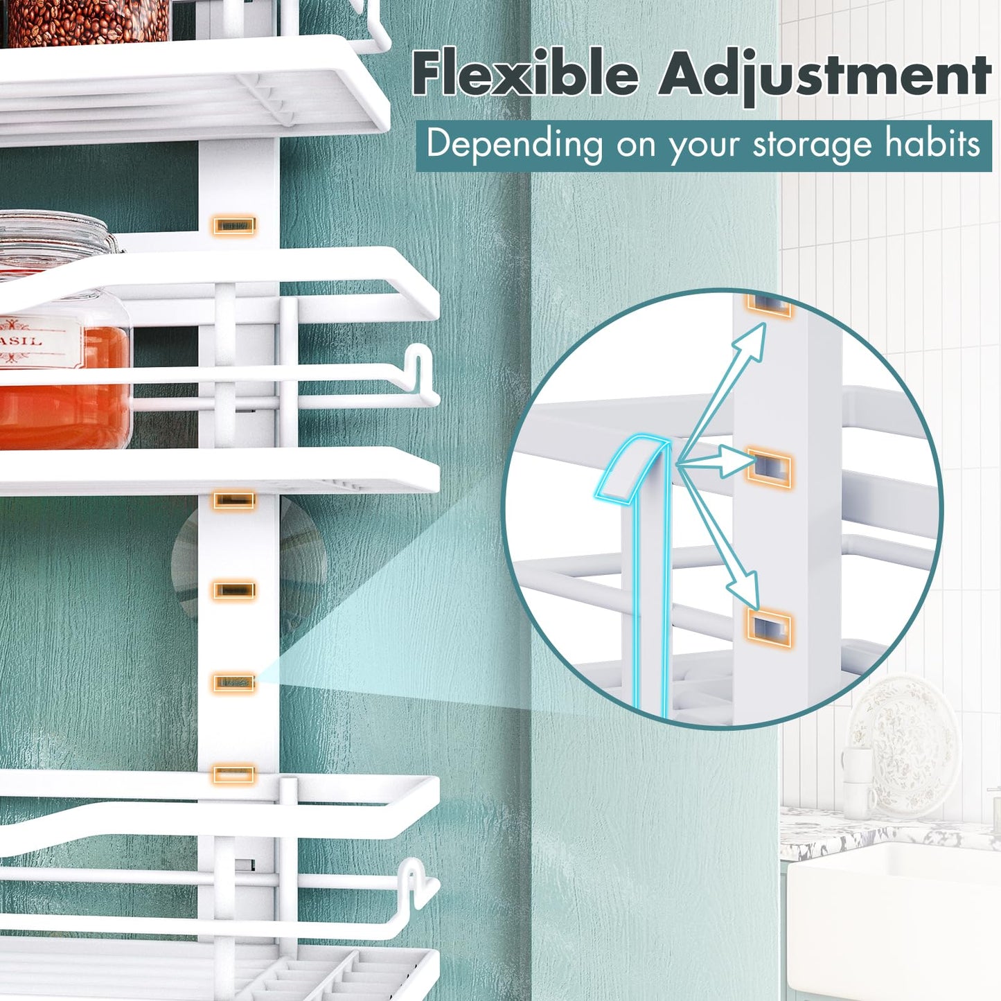 Over The Door Pantry Organizer，9-Tier Over The Door Organizer with Adjustable Basket，Metal Hanging Pantry Organizers and Storage for Kitchen, Back of Door Seasoning Rack