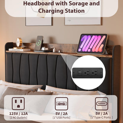 IDEALHOUSE King Floating Bed Frame with LED Lights & Charging Station, Upholstered Platform Bed with Storage Headboard, Wood Slats Support, No Box Spring Needed, Easy to Assemble, Black
