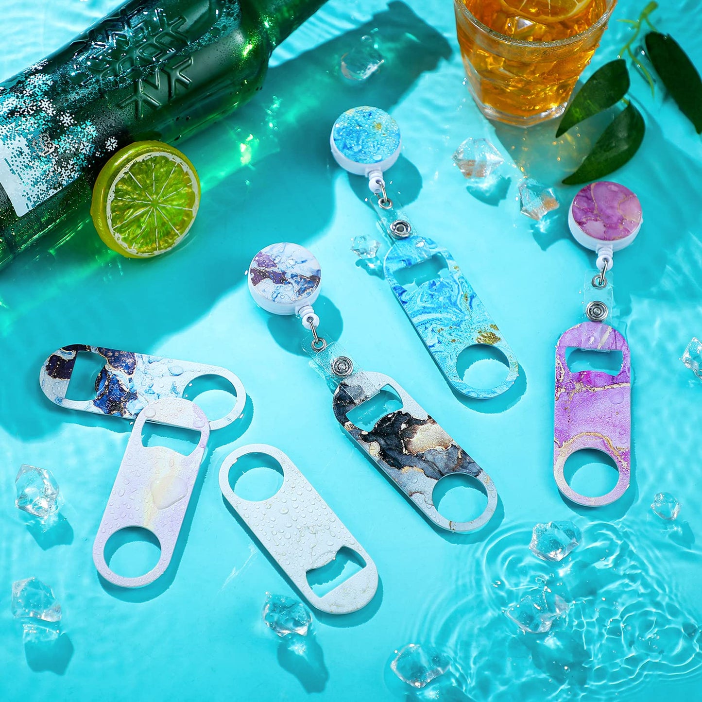 Irenare 6 Pcs Flat Bottle Openers Retractable Bar Keys for Bartenders Stainless Steel Beer Bottle Opener with Belt Clip and Round Badge Reel Bartender Gifts for Women Men(Marble Style)