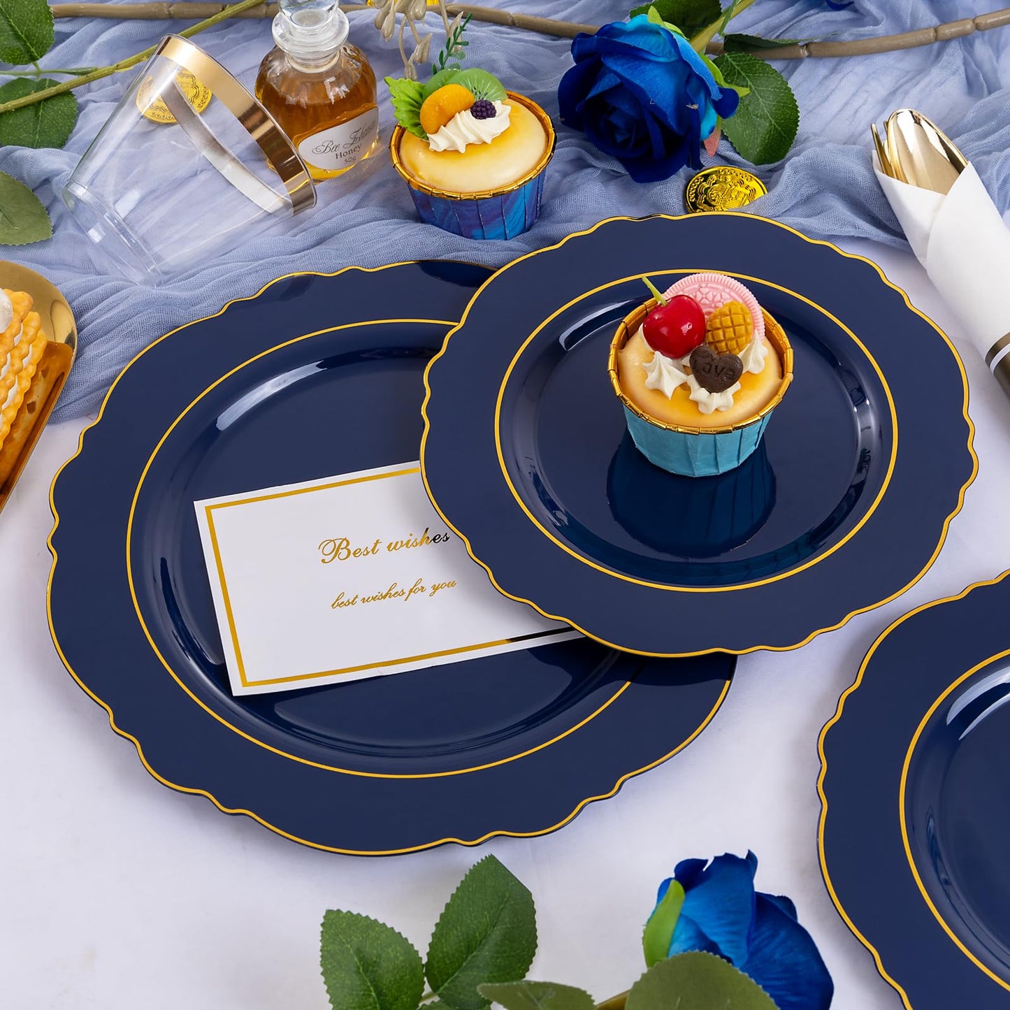 Liacere 350PCS Navy Blue Plastic Plates-Disposable Blue Gold Plates 50guest Plastic Dinnerware include 100Plates,50Pack Pre Rolled Napkins with Silverware 50Cups for Wedding＆Back to School&Labor Day