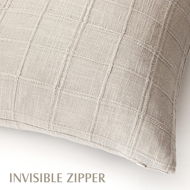Foindtower Set of 2 Decorative Linen Check Throw Pillow Covers Neutral Farmhouse Lumbar Cushion Covers Modern Boho Home Decor for Sofa Chair Couch Bedroom Living Room,12×20 Inch,Natural Linen