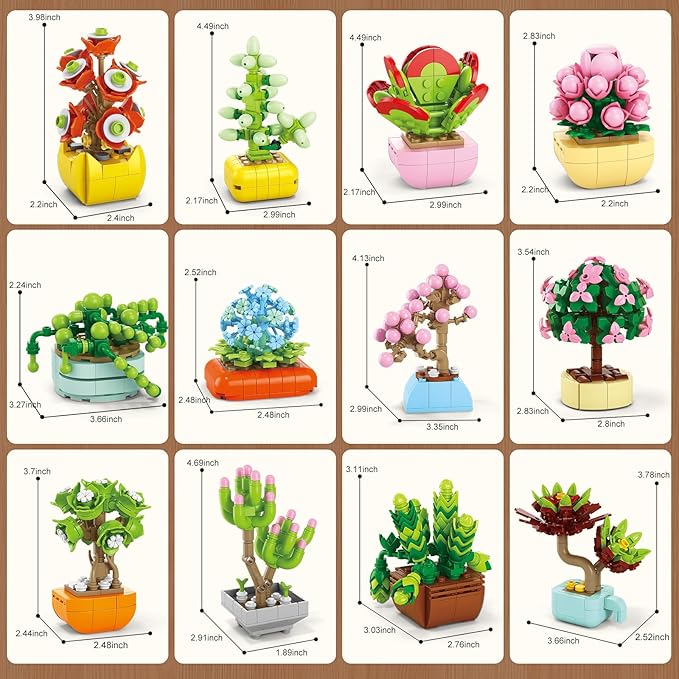 12 Pack Succulent &amp Flower Building Block Set 1255 PCS Botanical Garden DIY Kit – STEM Toy Gift for Girls &amp Women Age 6+ Perfect for Easter Birthdays or Desk Decor