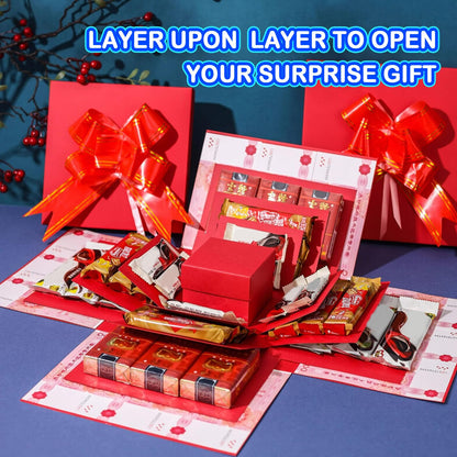5-Layer creative explosion gift box, gift wrap box. Creating a 5-Layer of various gifts by yourself. An ideal, mysterious self-made gift for birthday, Christmas and anniversaries. (Red, Square)