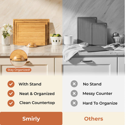 SMIRLY Wooden Cutting Boards For Kitchen Meal Prep & Serving - Bamboo Cutting Board Set with Holder, Charcuterie & Chopping Board, Wood Cutting Board Set, Kitchen Gadgets