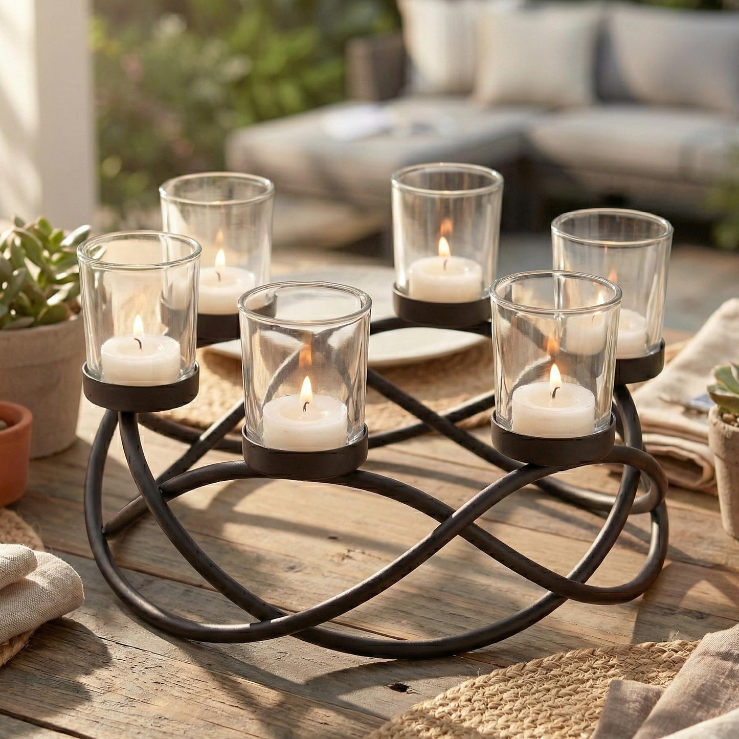 Seraphic Candle Holder Centerpiece for Tables, Outdoor Patio Umbrella Centerpieces, Round Dining Room Table Decor, Wrought Iron 6 Cup Candelabra, Modern Rustic Kitchen Island Tabletop, Black/Clear