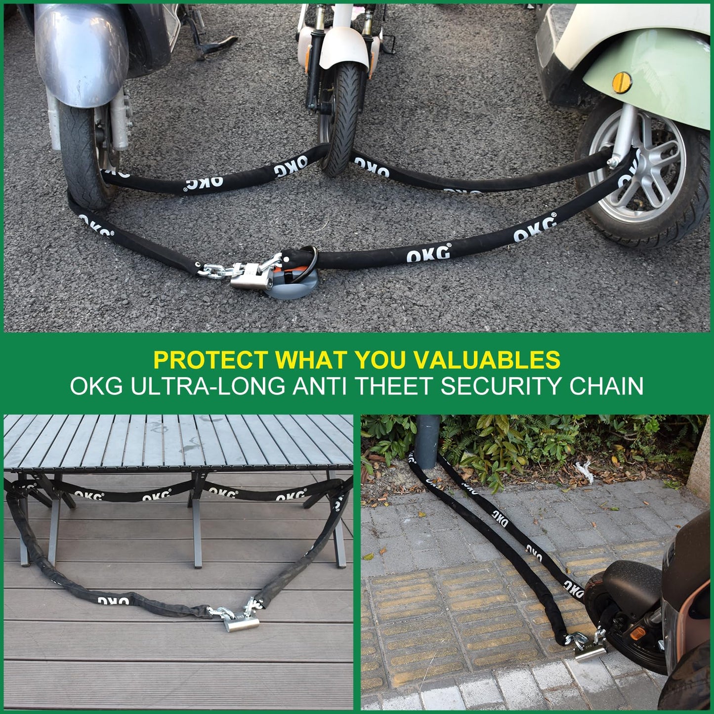 OKG Extra Long Security Chain - 10-Foot x 3/8" Thick Heavy Duty, Eco-Zinc Plated - Uncuttable for Outdoor & Indoor Use - Bike & Motorcycle Lock Chain - For Two+ 2-Wheeled Vehicles