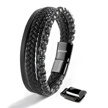 SERASAR Mens Original Leather Bracelet 20cm Black Men Gift Box Genuine Braided Adjust Able Magnetic Clasp Multi Layer Wrap Rope Man Mans Bracelets Jewelry Magnet Accessories