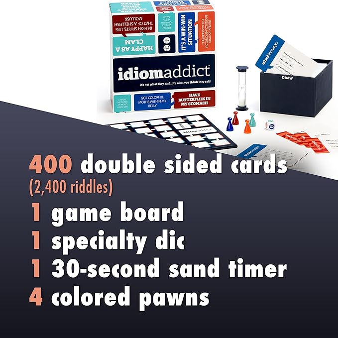 Idiom Addict Decipher The Gibberish Phrase 2400 Funny Brain Teasers Large Group Party Game for 4+ Players