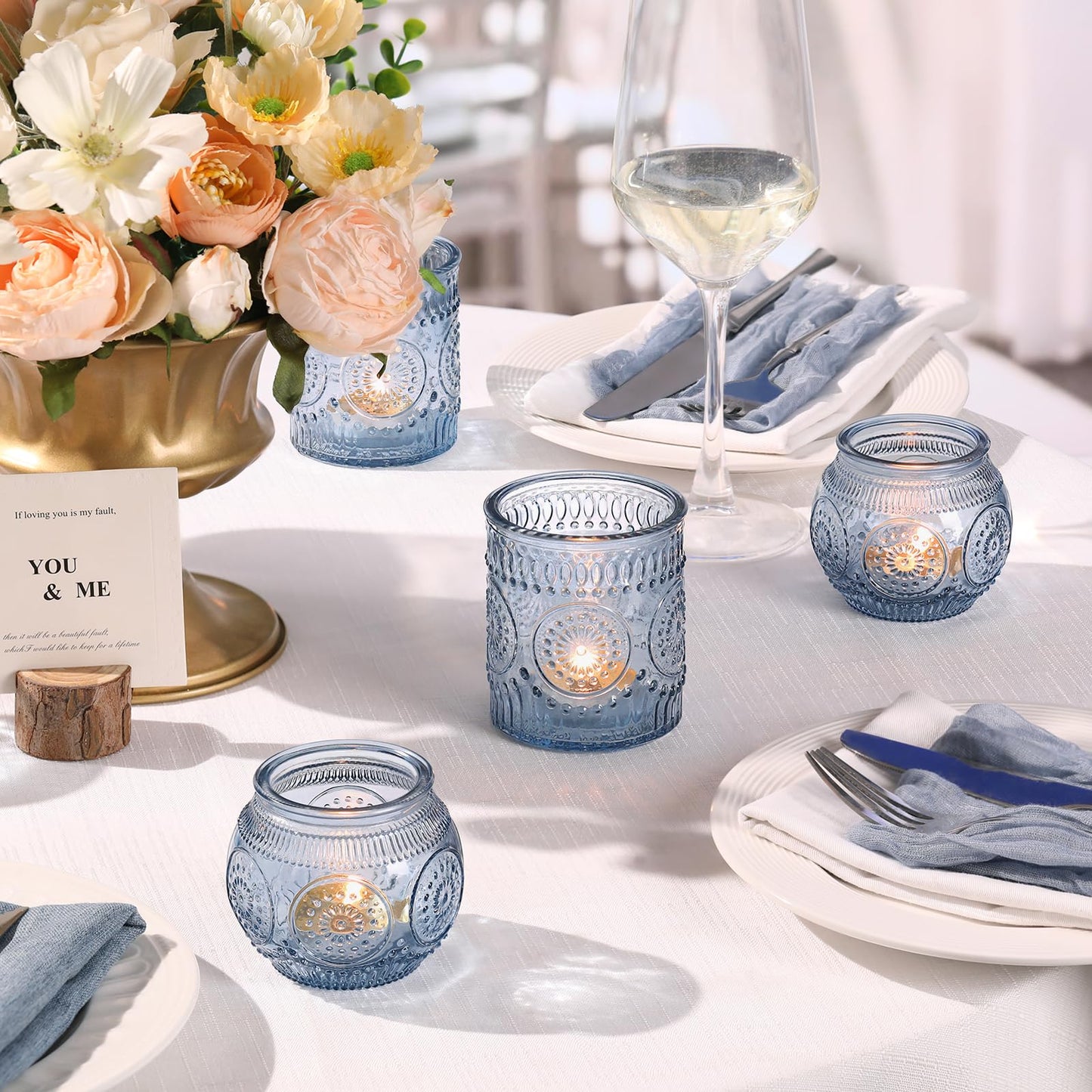 DARJEN Blue Votive Candle Holder Set of 20, Upgraded Size Tea Light Candle Holder Glass for Wedding Table Centerpieces, Elegant Bulk Votive Holders for Party, Proposals and Wedding Shower