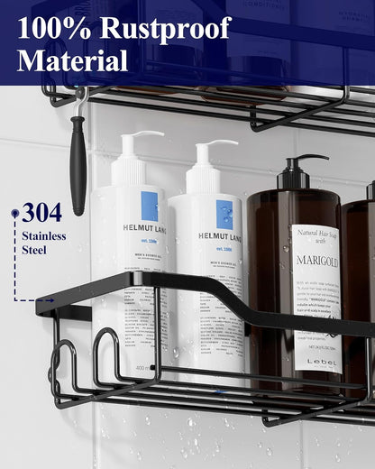 Kitsure Shower Caddy - Large Adhesive Organizer | Stainless Steel Shelf for No-Drill Bathroom Storage, 2 Pack, Black