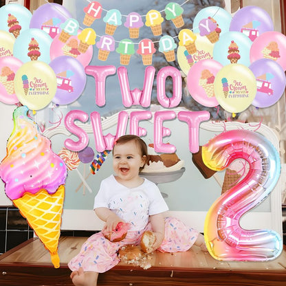 Two Sweet Birthday Party Supplies Decorations 2th Birthday Decorations Ice Cream Party Decoration Number 2 Balloon for Donut Sweet Party Supplies Baby Showers Party Decoration