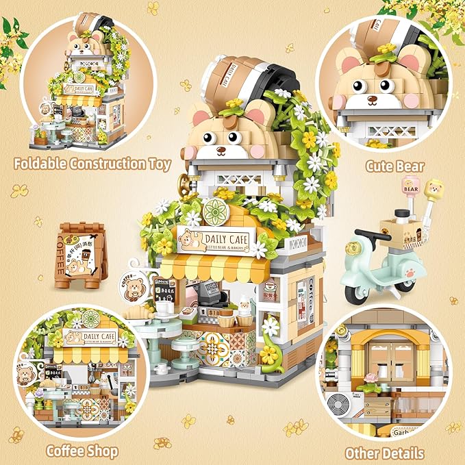 Street View Coffee Shop Mini Building Blocks MOC Creative Building Toys Cute Animals Building Set for Girls 6-12 Simulation Architecture Construction Toy Gift Idea for Kids Adults (1077 PCS)