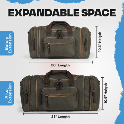 Duffle Bag for Travel 20–23” Expandable (40L) – Lightweight Water-Resistant Carry On Weekender with Multiple Pockets & Shoulder Strap – Airline Approved Travel Duffel Bags for Men & Women - ARMY GREEN