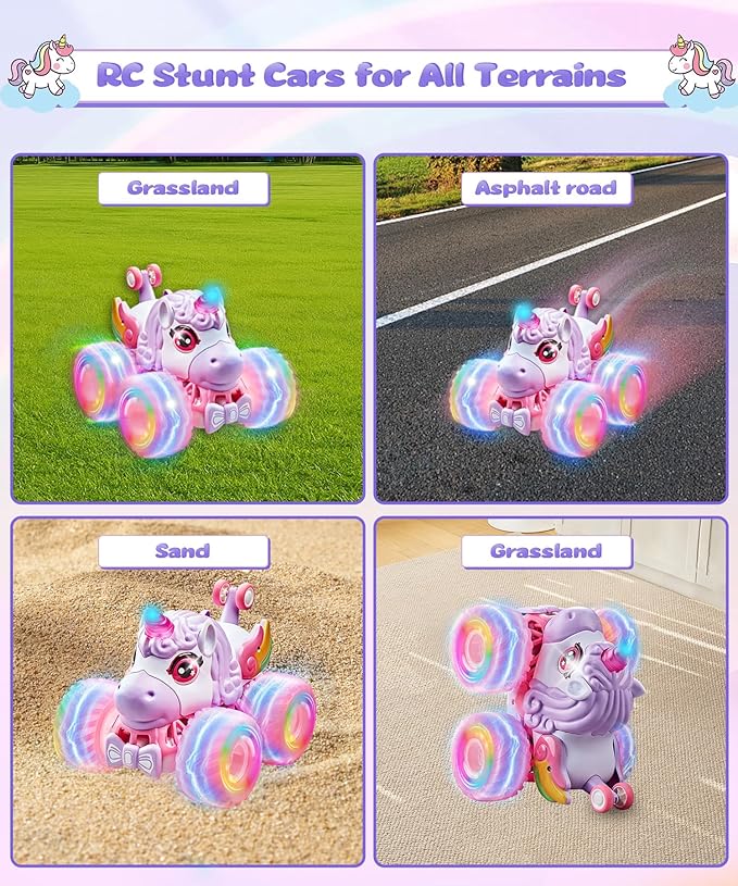 Remote Control Car Unicornios Trucks with Lights and Music360°Rotating 4WD Stunt RC Cars Toys for Girls 2.4 GHz Rechargeable All Terrain RC Toys Presents for Girls Age 3-10 (With Storage Bag)